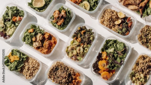 Overhead shot of a variety of fresh, prepared meals in clear, rectangular containers