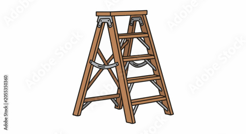 Wooden stepladder with metal hinges and supports, featuring four steps