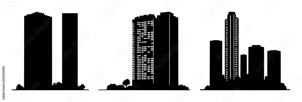 Obraz premium Solid black icon, white background: green skyscraper with vegetation set with simple line art design featuring simple design, minimalist, black and white with illustrations and graphics