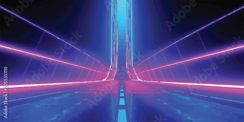 Bild auf Leinwand Abstract sci fi corridor with purple and cyan glowing neon arches corridor futur