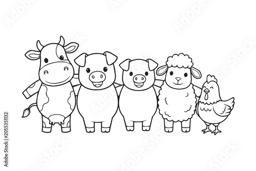 Farm Animal Family Coloring Book Illustration. Friendly cow, pig, sheep and hen standing together, simple black and white line art for children coloring book, educational farm theme worksheet. 