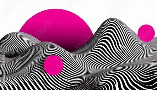 Abstract Black And White Wave In Op Art Style With Bright Pink Circles On Isolated White Background