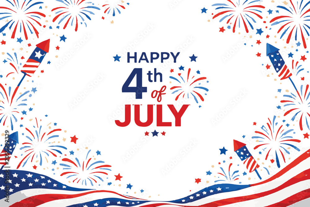 Fototapeta premium Happy Fourth of July festive banner template patriotic celebration design with fireworks and American flag