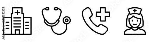 Hospital stethoscope medical phone and nurse line outline icon set
