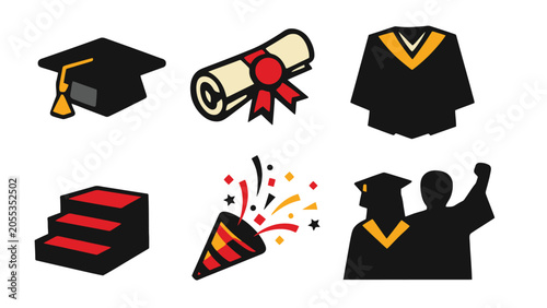 Graduation ceremony celebration icons set with graduation ceremony academic
