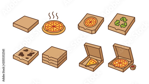 Pizza food delivery and takeaway box icons with delivery takeaway fastfood