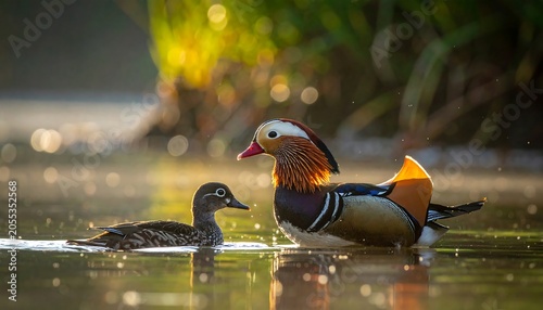 Colorful Mandarin Duck Pair Floating on Calm Pond in Golden Evening Light