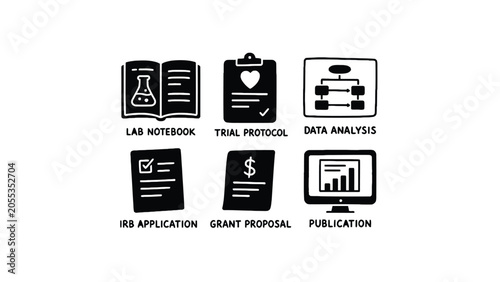 Scientific research process and documentation icon set with research