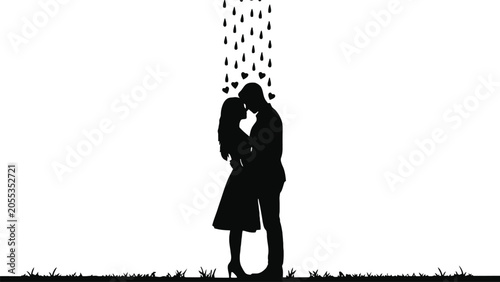 Silhouette of couple embracing under falling rain of hearts with silhouette
