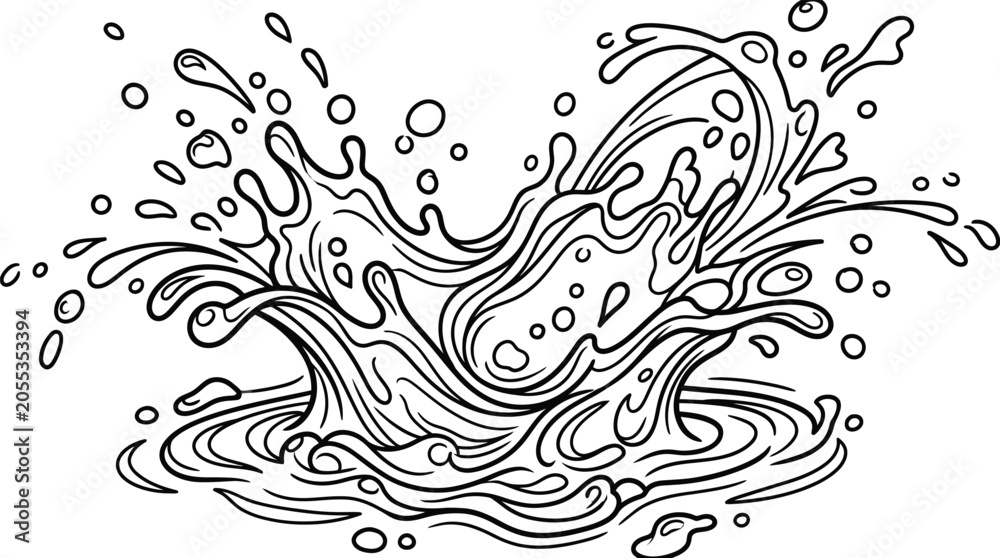 Fototapeta premium Dynamic black and white line of a water splash with droplets and bubbles liquid wave