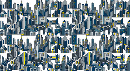 Seamless flat geometric pattern with abstract city skylines and buildings. Generated AI.