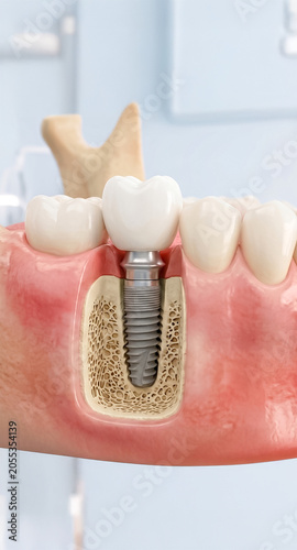 3D medical illustration of a tooth implant structure placed in human bone tissue