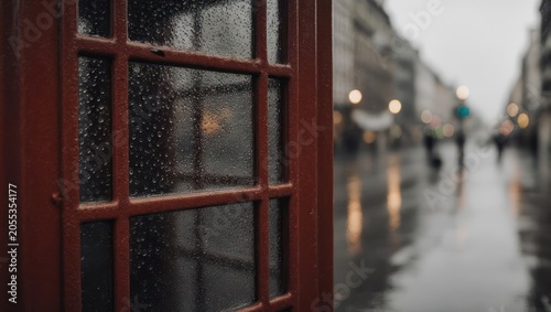 Rain-streaked phone booth, focus on the window frame. Blurred street scene in background