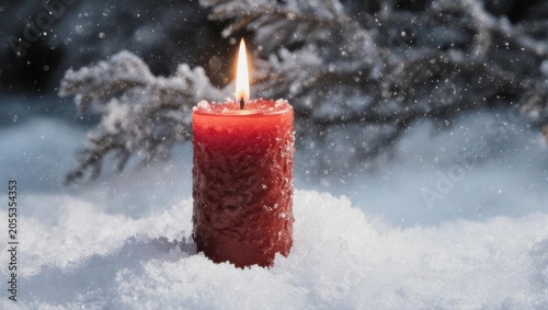 Red candle burning brightly in snow, with a snowy evergreen backdrop, evoking a festive mood