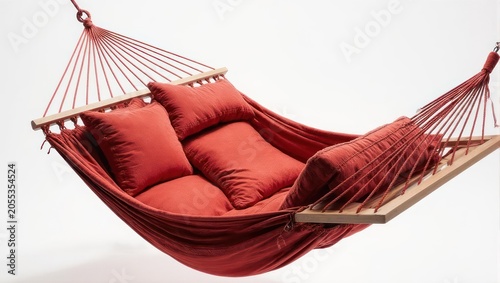 Red hammock with pillows against a white backdrop, inviting relaxation and leisure