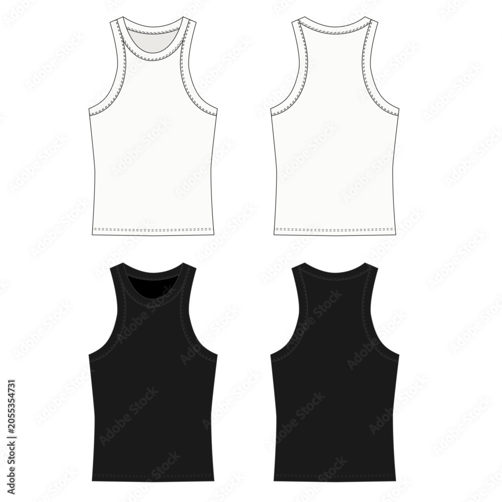 Fototapeta premium Sketch of a basic tank top with stitching, front and back views. Technical sketch of a white and black tank top, vector illustration. Template for a sleeveless tank top for fitness, running