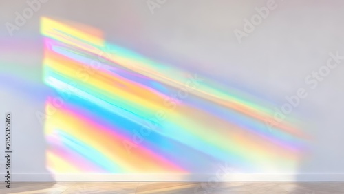 Prism light refracts across a white wall, creating a vibrant, angled spectrum