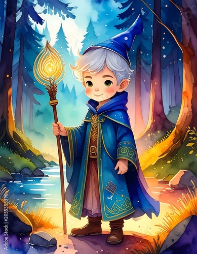 Young Fantasy Wizard Holding Glowing Staff in Enchanted Forest Stream
