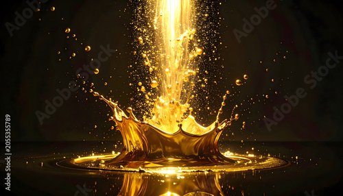 Liquid Gold Motion: Energetic liquid gold splash creating powerful explosion on reflective surface with dark background, showing dramatic motion and majestic power