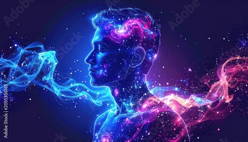 Digital human mind with glowing connections.