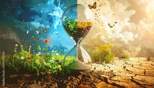 Split hourglass with nature transformation scene.
