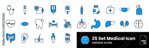 25 Medical and Healthcare Icons Set DualTone – Hospital, Anatomy, Diagnosis, Treatment and Medical Equipment Editable Stroke Vector Collection