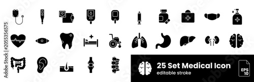 25 Medical and Healthcare Icons Set FillColour – Hospital, Anatomy, Diagnosis, Treatment and Medical Equipment Editable Stroke Vector Collection