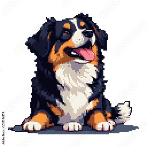 Bernese mountain dog in pixel art style transparent background, PNG