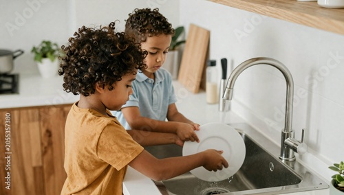 Two young boys washing a plate in the kitchen sink together near the faucet
