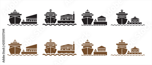 Set of Ship and Port Terminal Icons Representing Maritime Logistics and Shipping Infrastructure.