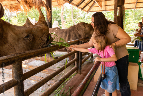 Fotografie Family feeding rhinos at zoo