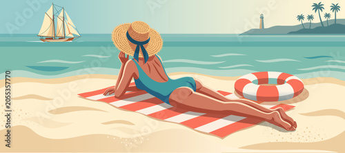 Fotografie Woman in a swimsuit and straw hat sunbathing on a beach towel