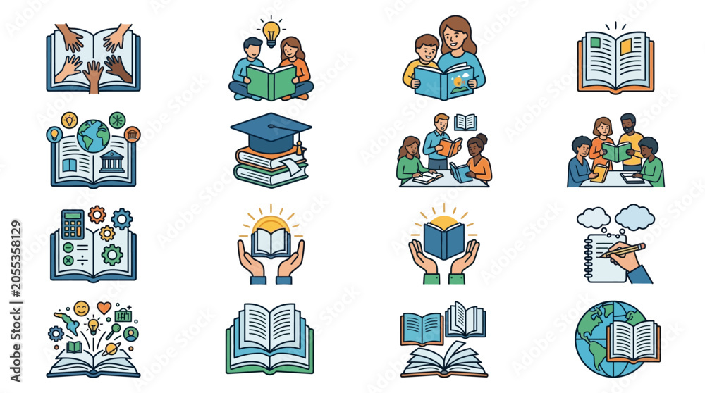 Fototapeta premium Education icons with people learning.