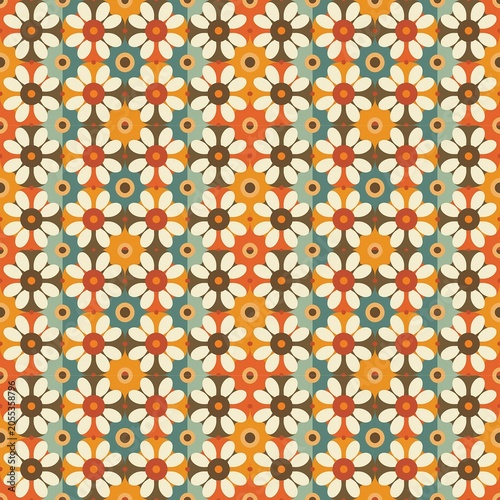 Seamless retro geometric pattern with 1970s pop art floral motifs. Vibrant orange, brown, and sage blue fabric design perfect for mid-century wallpaper, vintage textiles, and creative decor.