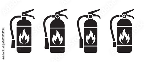 Schilderij op canvas Set of Fire Extinguisher Icons with Flame Symbols on a Clean White Background Minimalist Style