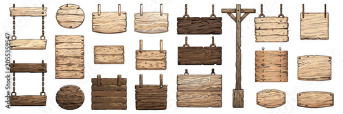A large vector bundle of hand-drawn rustic wooden signs, hanging billboard planks, and a tall gallows-style signpost