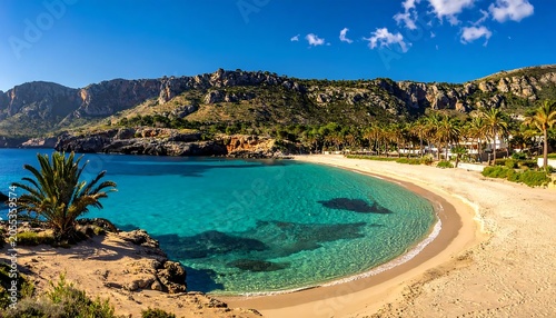 Turquoise Coastal Cove Curving Along Sandy Beach Beneath Rocky Mountains