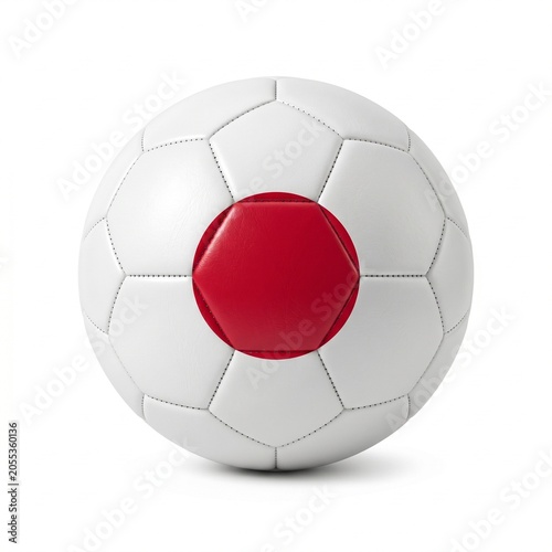 Close-up view of a white soccer ball featuring the iconic red circle of the Japanese flag, symbolizing national pride and the sport