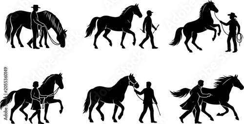Fotografie Set of silhouettes of people training and walking with horses