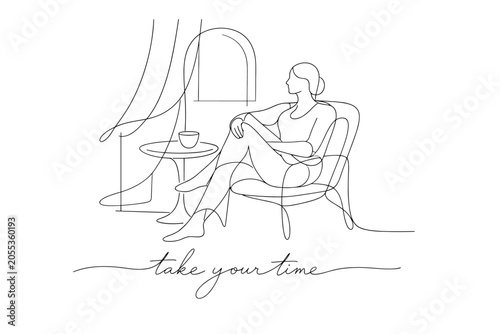 Minimalist continuous line drawing of a relaxed woman sitting in an armchair beside a table with a cup, calm interior scene with take your time text
