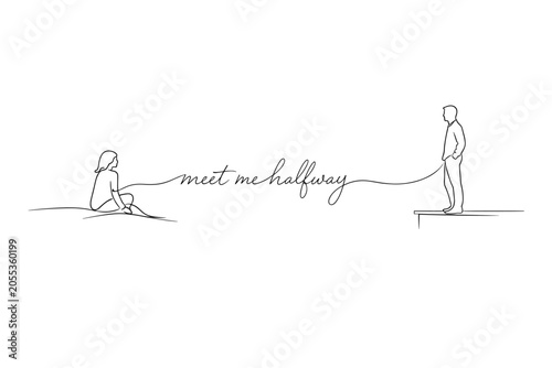 Minimalist one-line drawing of a seated woman and standing man connected by a continuous line forming handwritten text, expressing distant love