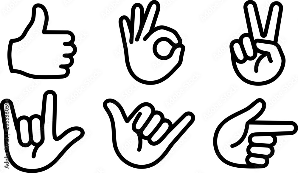 Fototapeta premium Collection of simple black line vector hand gesture icons showing various universal communication signals and signs
