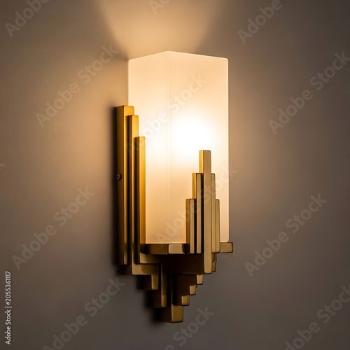 Art deco style brass wall sconce with frosted glass shade