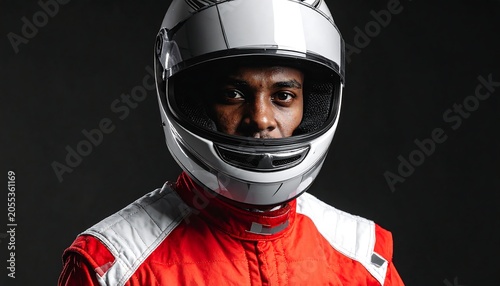 Focused Race Driver Wearing White Helmet in Dark Studio Portrait
