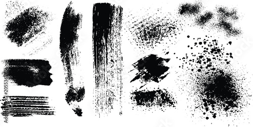 Foto Collection of black brush strokes and smears on white background for creative de