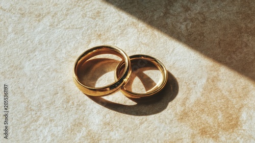 pair of gold rings on textured paper background