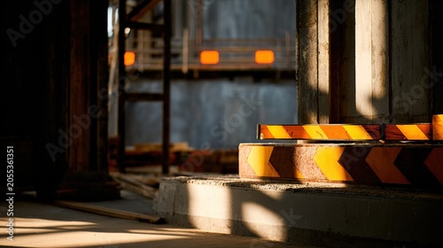 disavowal. Construction site with abstract industrial elements, metal and concrete textures, and dramatic side lighting. real-estate listings.