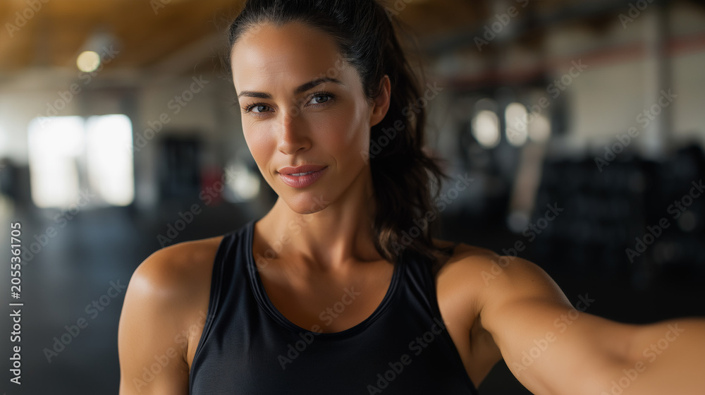 Fototapeta premium Woman taking selfie in gym. Sporty girl smiling after fitness workout. Healthy lifestyle, training progress and social media sharing.