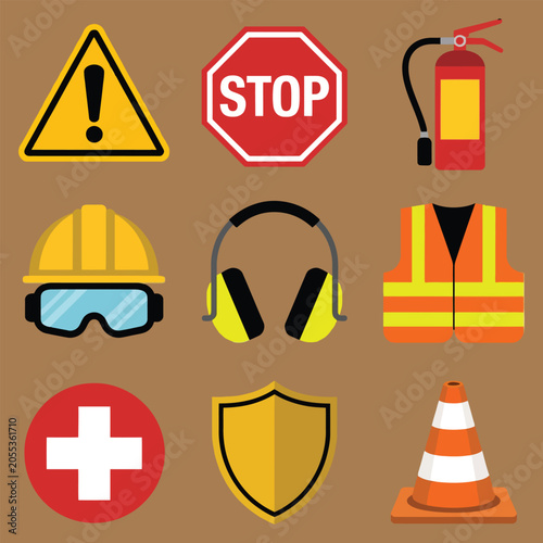 Construction Safety Equipment Icons Set With Helmet Goggles Ear Protection Vest Traffic Cone And Fire Extinguisher Vector Illustration