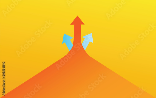Abstract illustration of a central red arrow pointing up with two smaller light blue arrows vector illustration